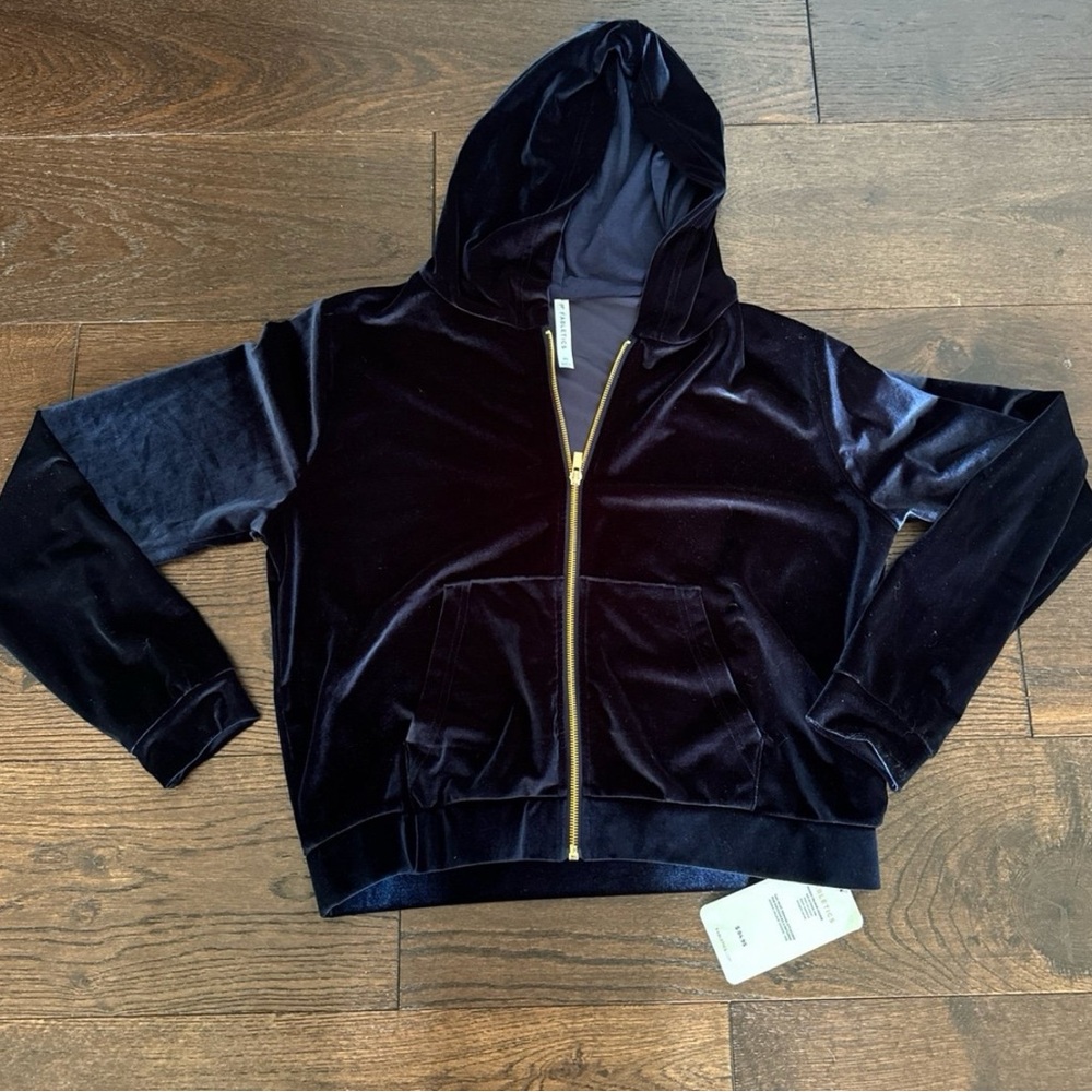 Fabletics Velour Hooded Jacket in Deep Blue